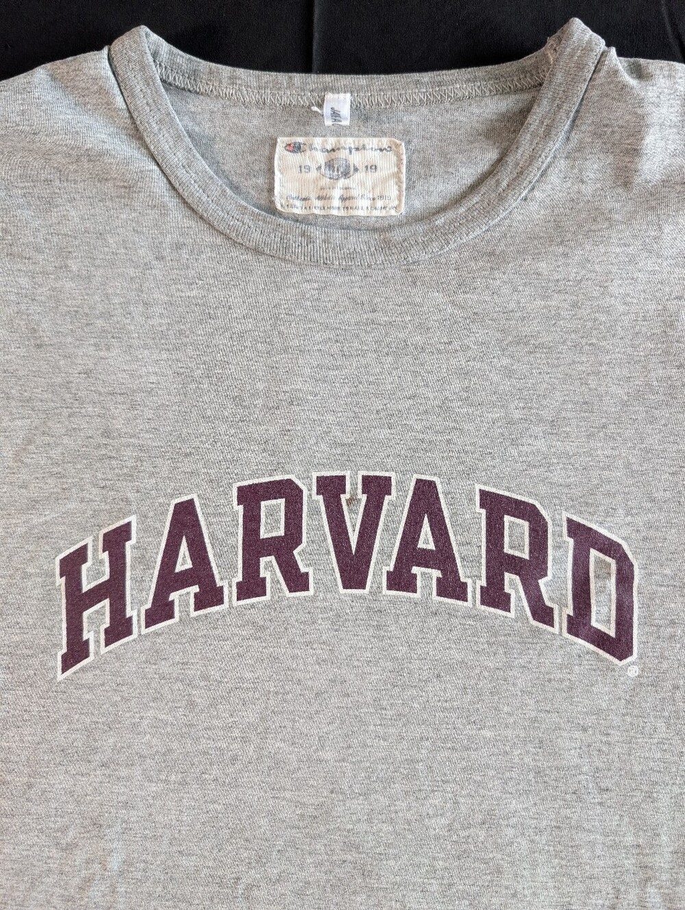 Vintage Champion Harvard Heather Grey Crewneck Tee with Maroon Logo XL